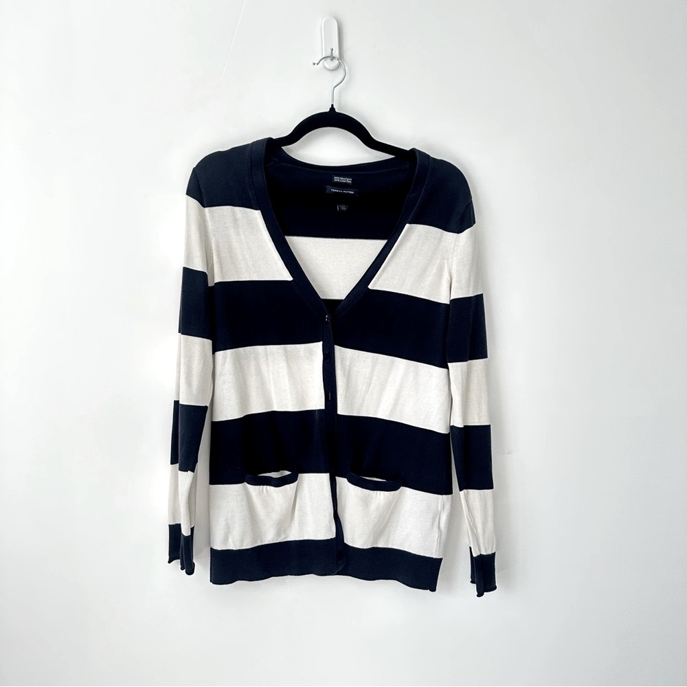 Tommy Hilfiger Navy and White Striped V-Neck Cardigan